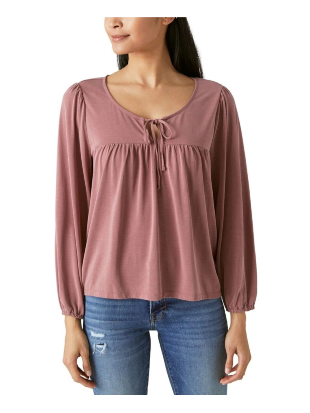 Lucky Brand Women’s L Mauve Peasant Blouse Boho Tie Front Long Sleeve